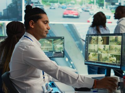 Indian worker operating on license plate registration via CCTV radar footage, working with video surveillance system in real time. Government employee monitoring traffic. Camera B.